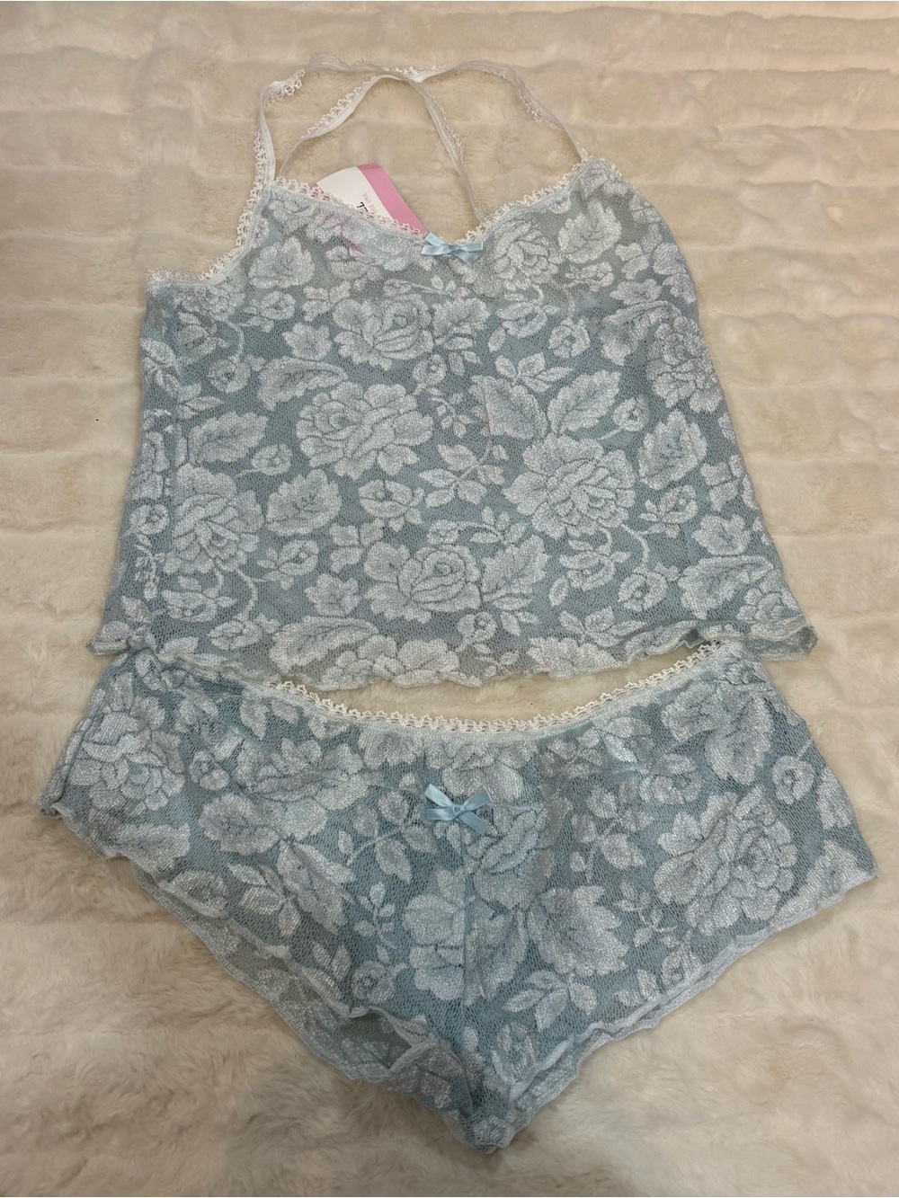 Lace-Trim Floral Cami & Short Sleep Set in Light Blue handmade